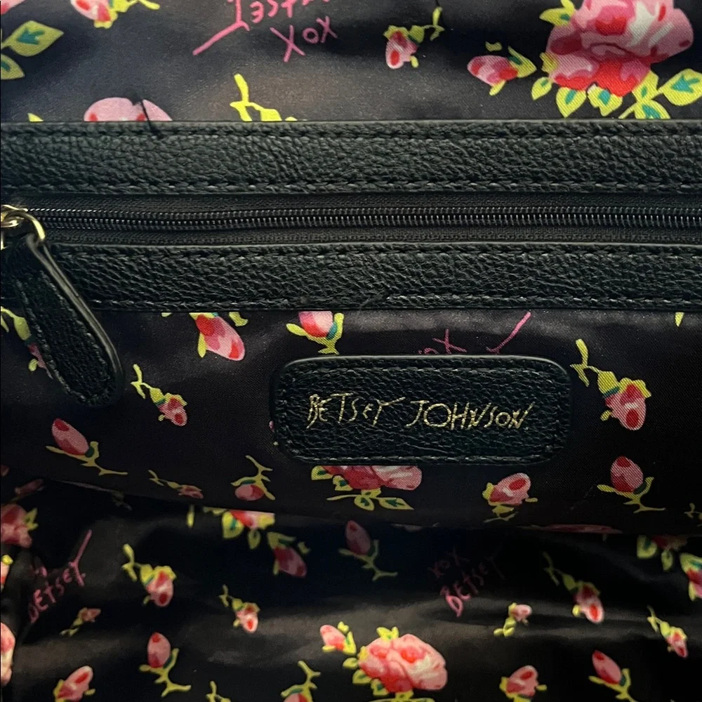 Betsey Johnson Black & White Polka Dot Satchel w/handles, heart clip & Bow Charm